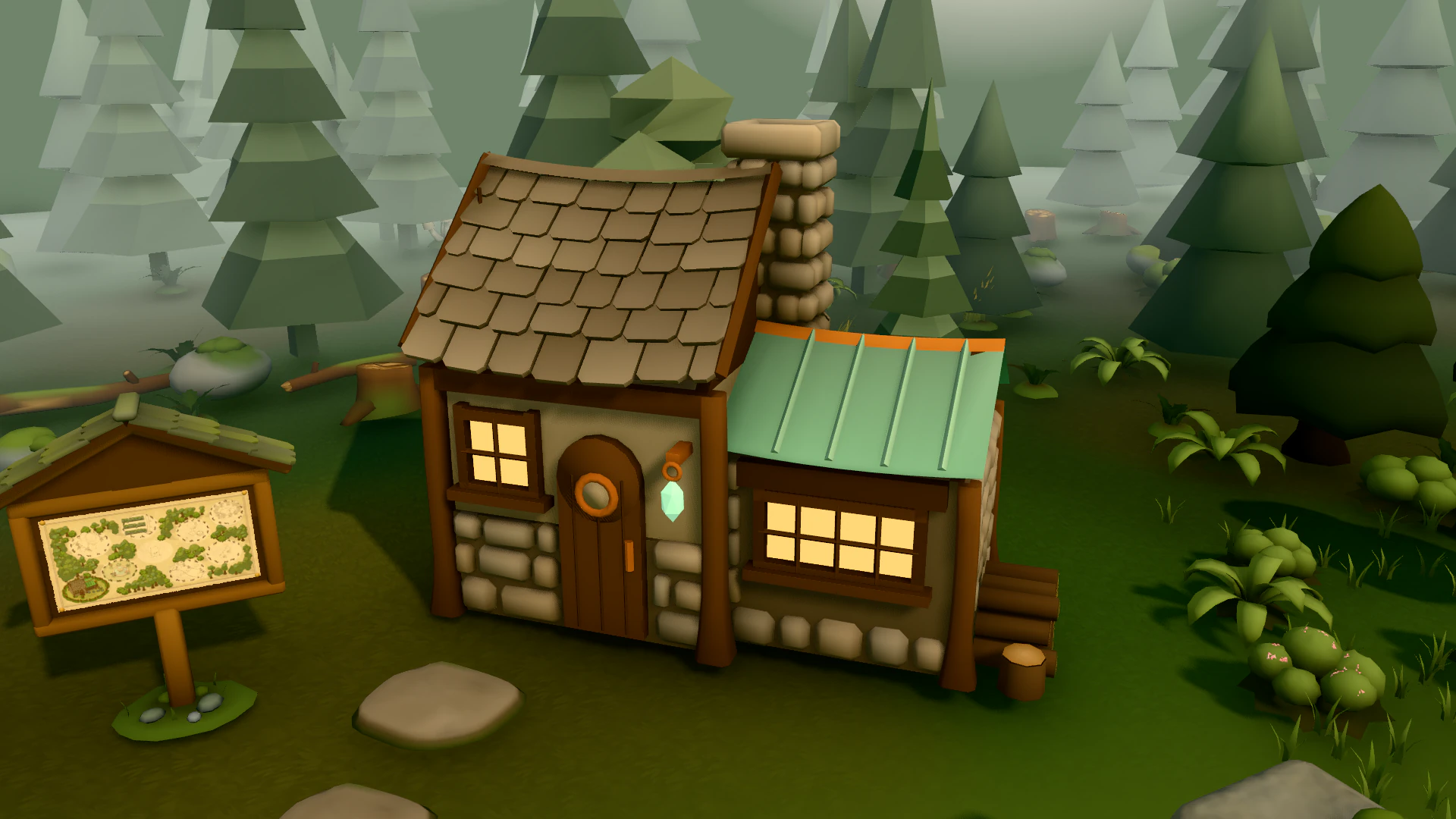 The Keeper's cottage, with the trail map on its post beside the path.