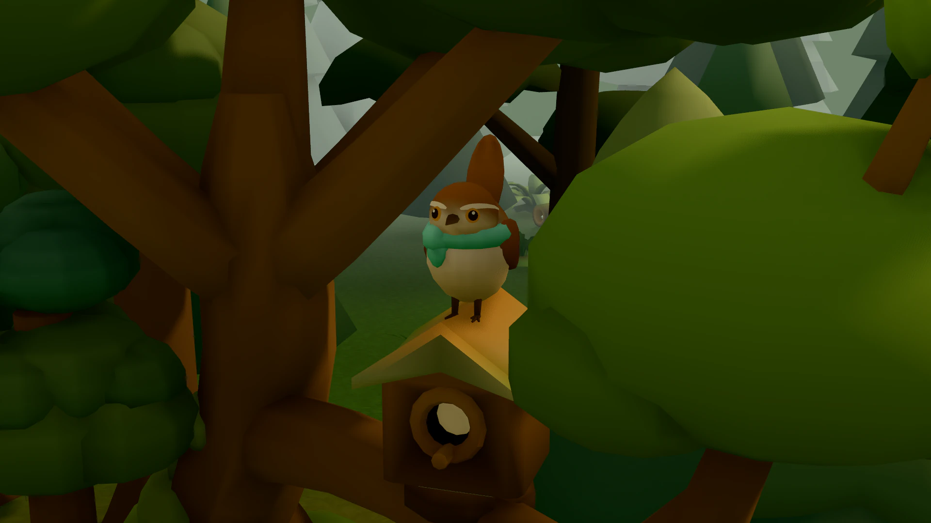 Whist's birdhouse, hung in the branches of a tree at the clearing's edge.
